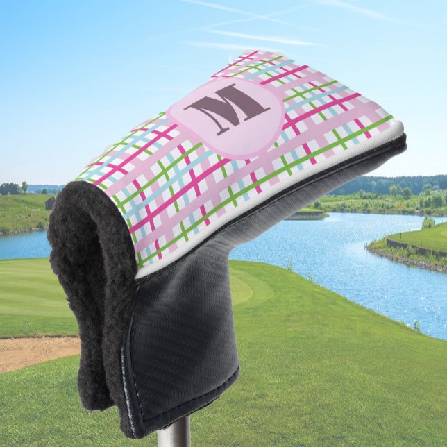 Rosa und grüne preppy karierte Damenmonogramm Golf Headcover (Von Creator hochgeladen)