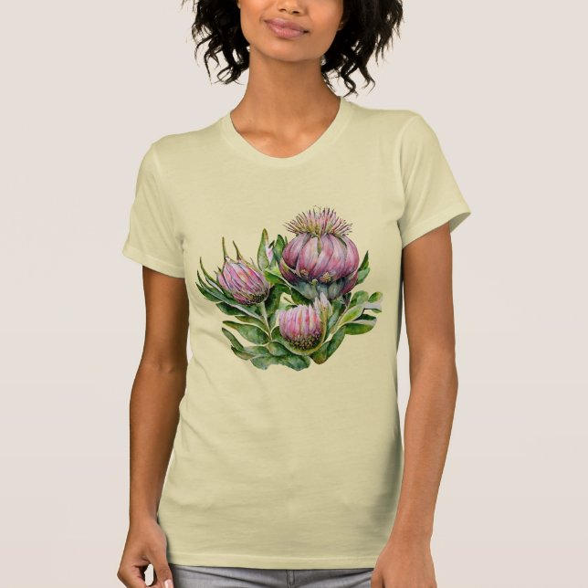 Rosa und grüne Protea Blume T-Shirt (Vorderseite)