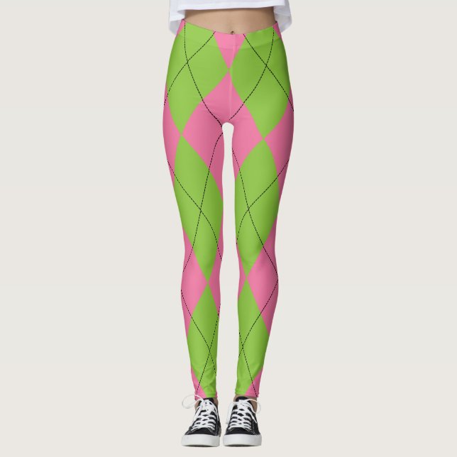 Rosa und grüne Raute Leggings (Vorderseite)