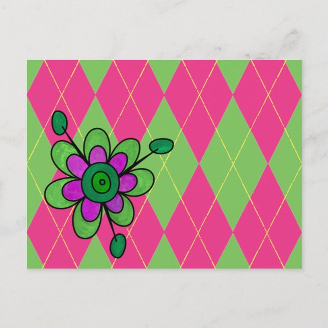 Rosa und grüne Raute und Blume Postkarte (Vorderseite)
