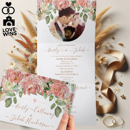 Rosa und grüne Rose Boho Blumenhochzeit Dreifach Gefaltete Einladung