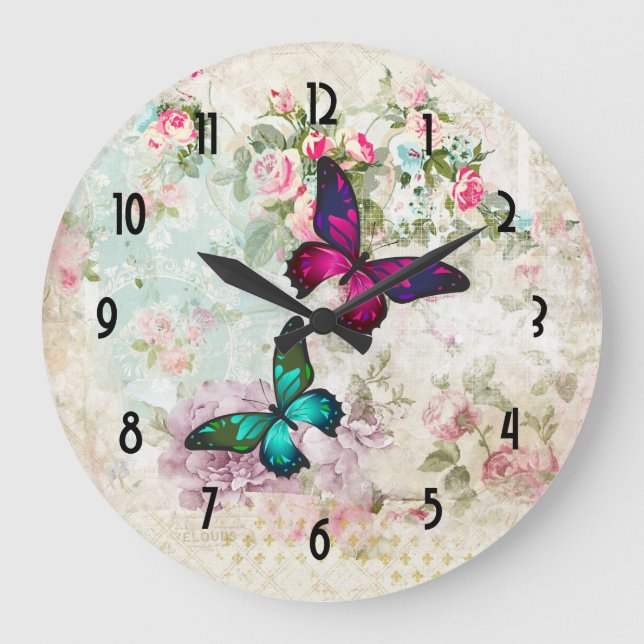 Rosa und grüne Schmetterlinge auf schäbigen Große Wanduhr (Vorderseite)