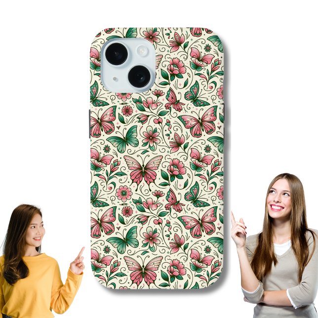 Rosa und grüne Schmetterlinge Blumenmuster Case-Mate iPhone Hülle (Butterfly pattern Floral iPhone case.)