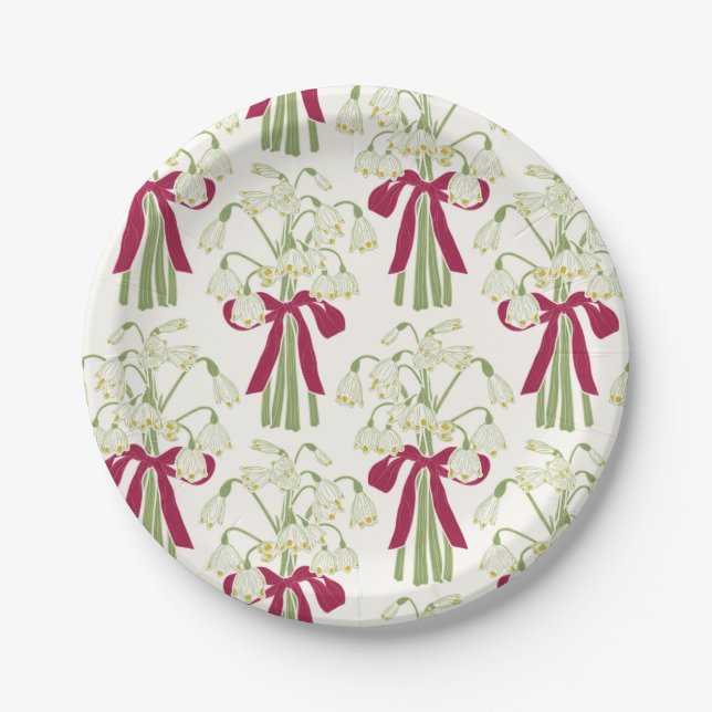 Rosa und grüne Schneeflocke und Blume Bow Bouquet Pappteller (Vorderseite)