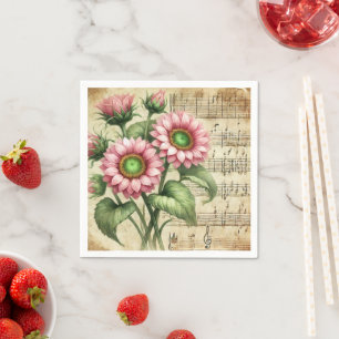 Rosa und grüne Sonnenblumen Vintage Musik Serviette