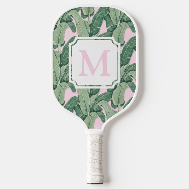 Rosa und grüne tropische Blätter | Monogram Cabana Pickleball Schläger (Vorderseite)