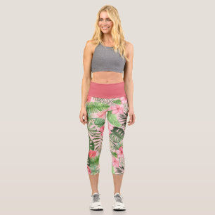 Rosa und grüne tropische Blume Capri Leggings