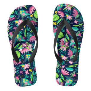 Rosa und grüne tropische Blume und Blattmuster Flip Flops