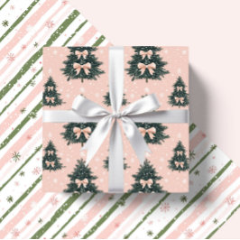 Rosa und grüne Weihnachtsbaum Bows Candy Canes Geschenkpapier Set