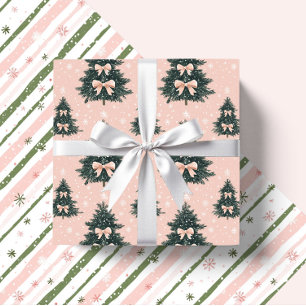 Rosa und grüne Weihnachtsbaum Bows Candy Canes Geschenkpapier Set