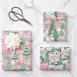 Rosa und grüne Weihnachtsbäume Geschenkpapier Set