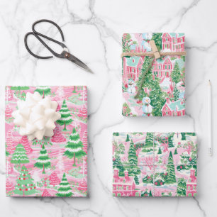 Rosa und grüne Weihnachtsbäume Geschenkpapier Set