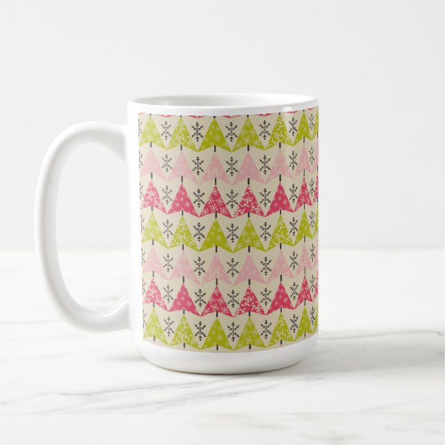 Rosa und grüne Weihnachtsbäume mit Schneeflocken Kaffeetasse (Links)