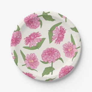 Rosa und grüne Zinnia-Blume Pappteller