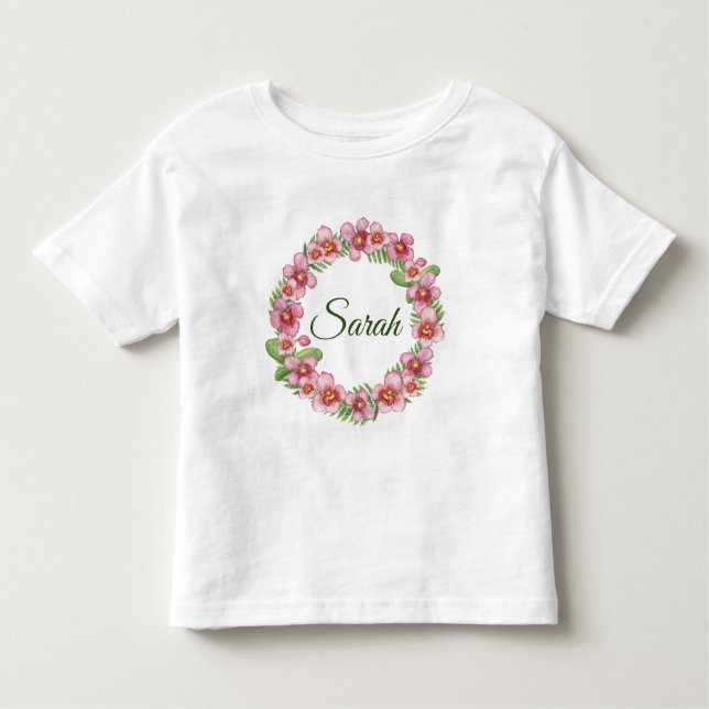 Rosa und grüner Blumenkranz personalisiert Kleinkind T-shirt (Vorderseite)