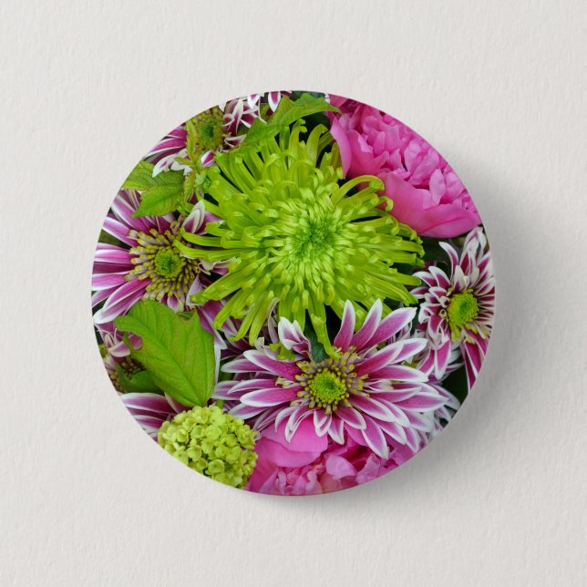 Rosa und grüner Blumenstrauß Button (Vorderseite)