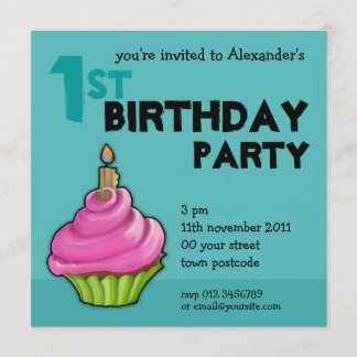 Rosa und grüner Cupcake aqua 1. Geburtstag Einladu Einladung