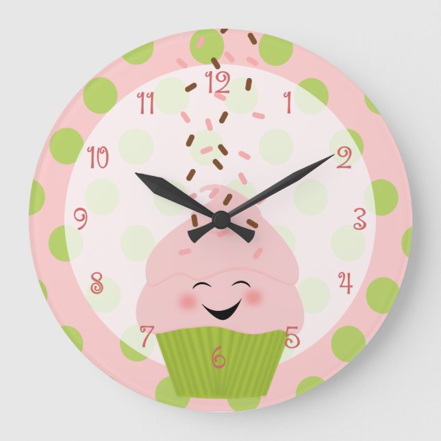 Rosa und grüner Cupcake Große Wanduhr (Vorderseite)