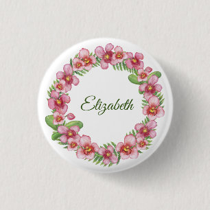 Rosa und grüner floraler Kranz personalisierter Kn Button