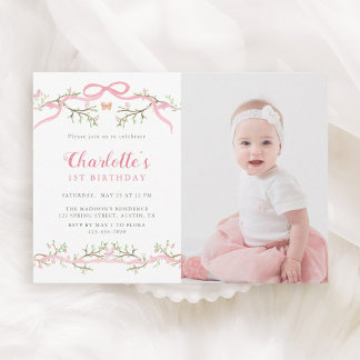 Rosa und Grüner Frühlingshof 1. Geburtstag Foto Einladung