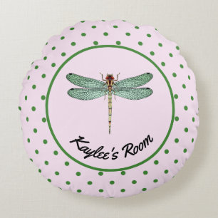 Rosa und grüner Polka-Dot und Monogramm der Libel Rundes Kissen
