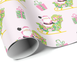 Rosa und grüner Preppy-Palm-Beach-Weihnachtsmann Geschenkpapier