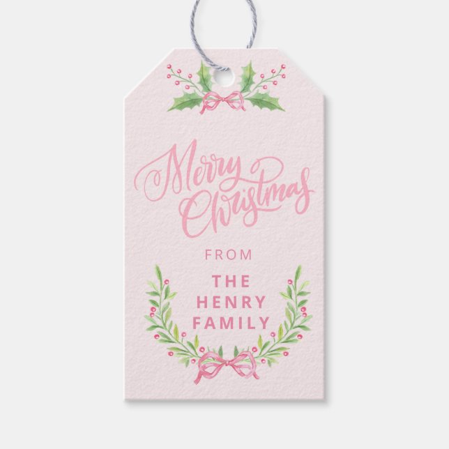 Rosa und grüner Weihnachtskranz Geschenkanhänger (Vorderseite)