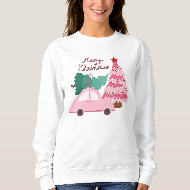 Rosa und grünes Auto mit Weihnachtsbaum Sweatshirt (Vorderseite)