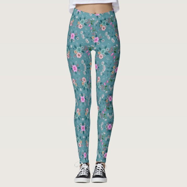Rosa und grünes Blumenmuster Leggings (Vorderseite)