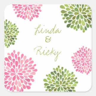 Rosa und grünes Blütenburst-Hochzeitsticker-Siegel Quadratischer Aufkleber