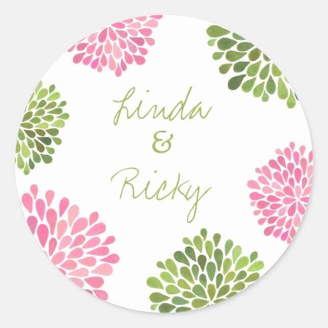 Rosa und grünes Dahlia Wedding Round Sticker Siege (Vorderseite)