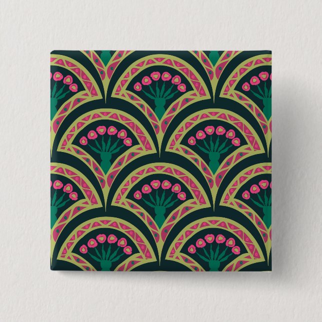 Rosa und grünes florales Fächer-Muster Button (Vorderseite)