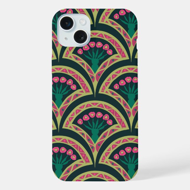 Rosa und grünes florales Fächer-Muster iPhone Hülle (Rückseite)