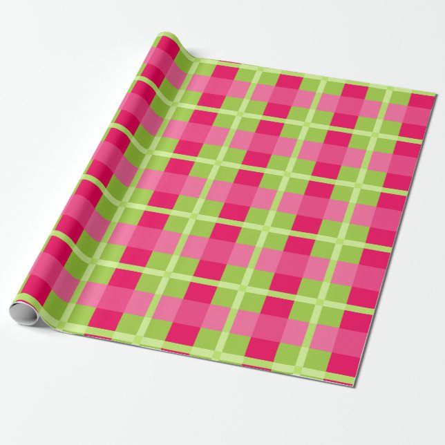 Rosa und grünes Gingham-Muster Geschenkpapier (Ungerollt)