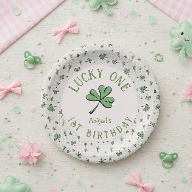 Rosa und grünes Glück Ein irisches Mädchen 1. Gebu Pappteller (Lucky One Green Shamrock Four Leaf Clover 1st Birthday Paper Plates. Irish St Patrick's Day Party)
