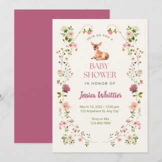 Rosa und grünes Hirsch und Blumenbaby-Dusche Einladung