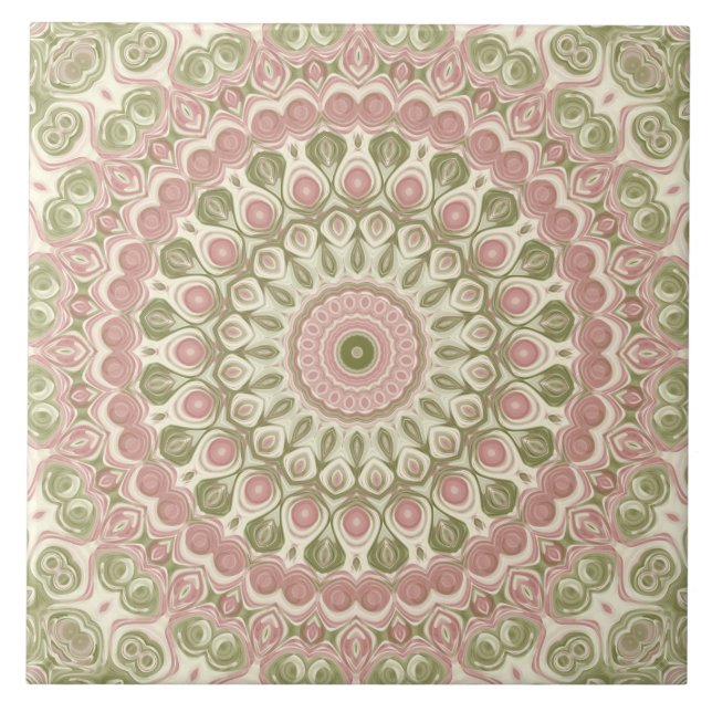 Rosa und grünes Mandala-Musterdesign Fliese (Vorderseite)