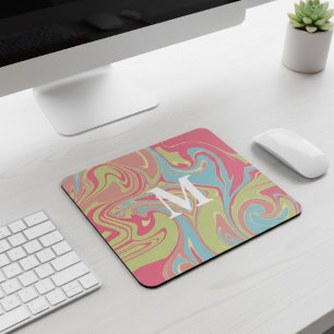 Rosa und grünes Marmor-Monogramm Mousepad