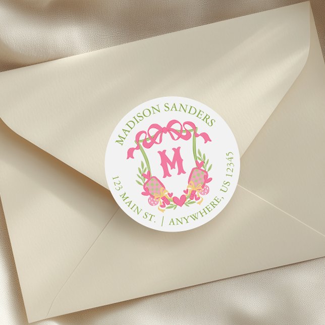 Rosa und grünes Pickleball Monogram-Wappen Runder Aufkleber (Von Creator hochgeladen)