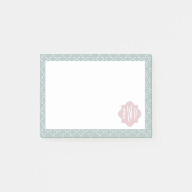 Rosa und grünes Quatrefoil Monogramm Post-it Klebezettel (Vorderseite)