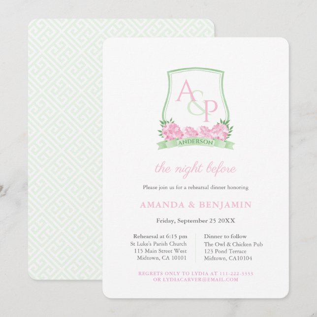 Rosa und grünes Wappen Hochzeitsessen Probe Einladung (Vorne/Hinten)