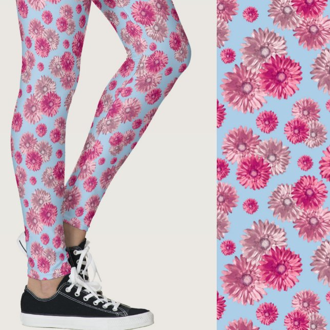 Rosa und hellblaue Gerbera-Margerite Blumenmuster Leggings (Von Creator hochgeladen)
