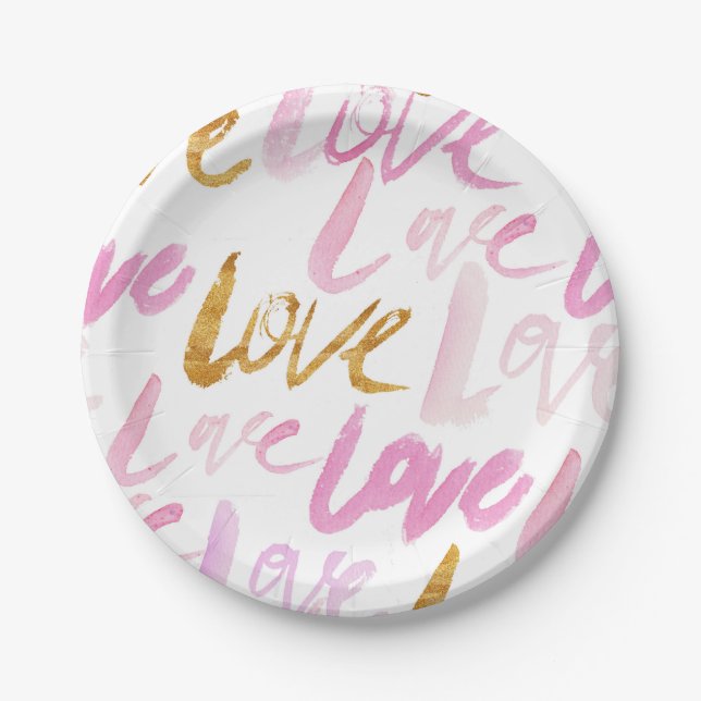 Rosa und Imitate Gold Foil Liebe Typografie Muster Pappteller (Vorderseite)