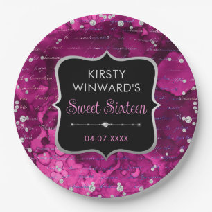 Rosa und irisierende Glitter-Buchstaben Sweet 16 Pappteller
