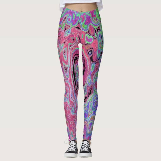 Rosa und Kalkgrün Groovy Abstrakt Retro Swirl Leggings (Vorderseite)
