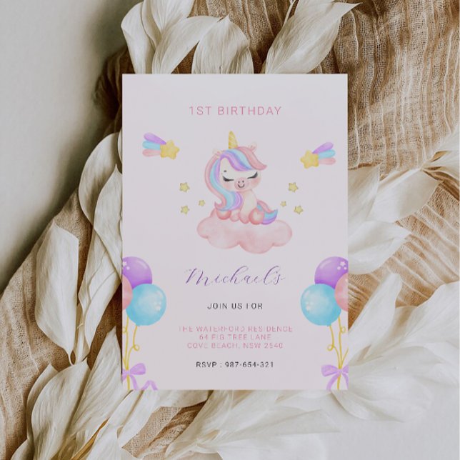 Rosa und Lila 1. Geburtstag Einladung (Pink and Purple 1st Birthday Invitation)