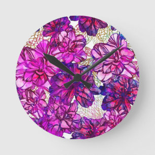 Rosa und lila abstraktes Blumen-Muster Runde Wanduhr