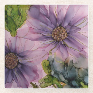 Rosa und lila Alkoholfarbe Blume Glasuntersetzer
