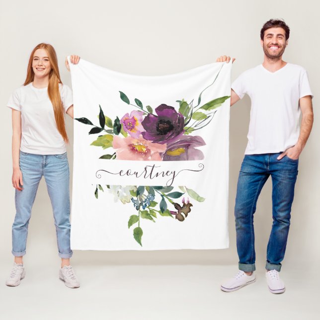 Rosa und lila Aquarellblumen personalisiert Fleecedecke (Beispiel)