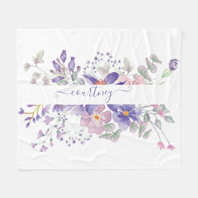 Rosa und lila Aquarellblumen personalisiert Fleecedecke (Vorderseite (Horizontal))